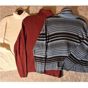 3 Karen Scott Ribbed Knit Turtleneck Sweaters XL Cream Red Colorblock Stripes